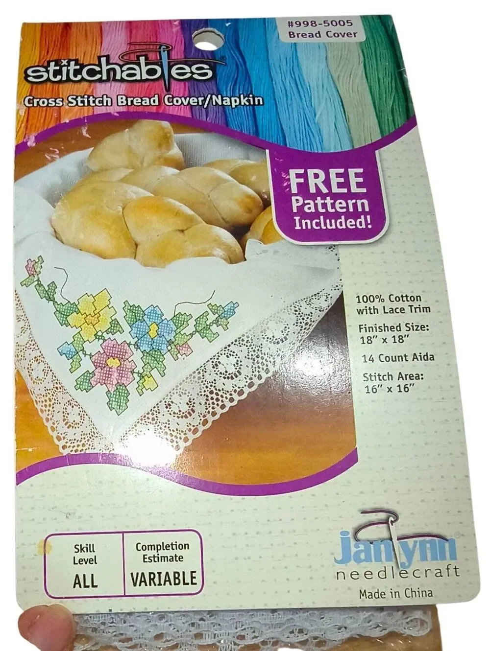 Cross Stitch Bread Cover/Napkin Janynn needlecraft #998-5005 100% cotton w lace